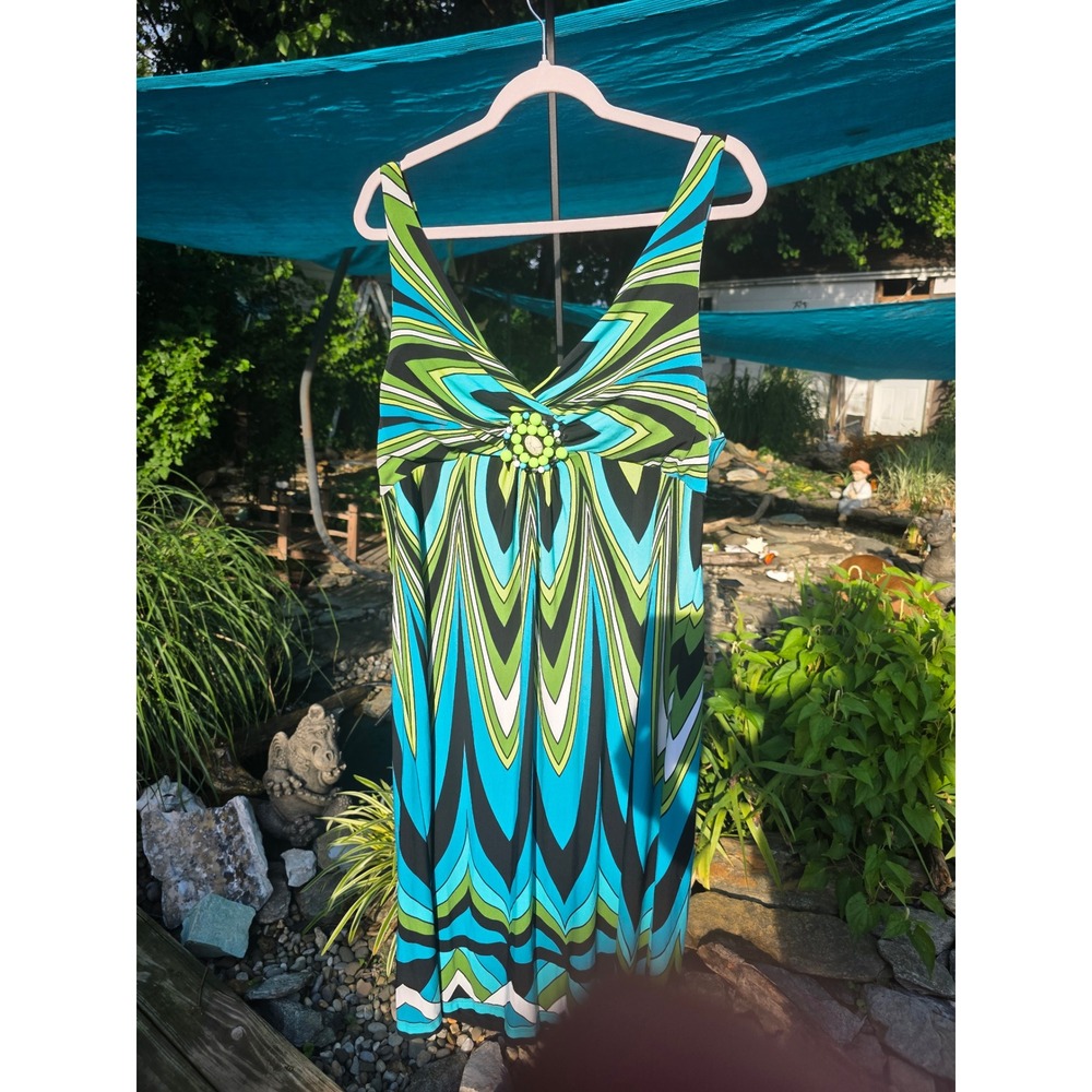 Voir Voir Geometric Chevron Print V-Neck Empire Waist Beaded Dress Blue Green 16